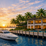 Luxury Fort Lauderdale waterfront estate featuring a private yacht, swaying palm trees, glowing sunset, tranquil blue water, and timeless coastal elegance.